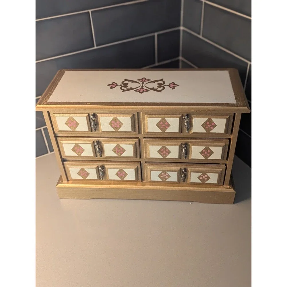 Vintage‎ LARGE WOODEN FLORENTINE TRINKET/JEWELRY Box 6 Drawer Taiwan RARE MCM